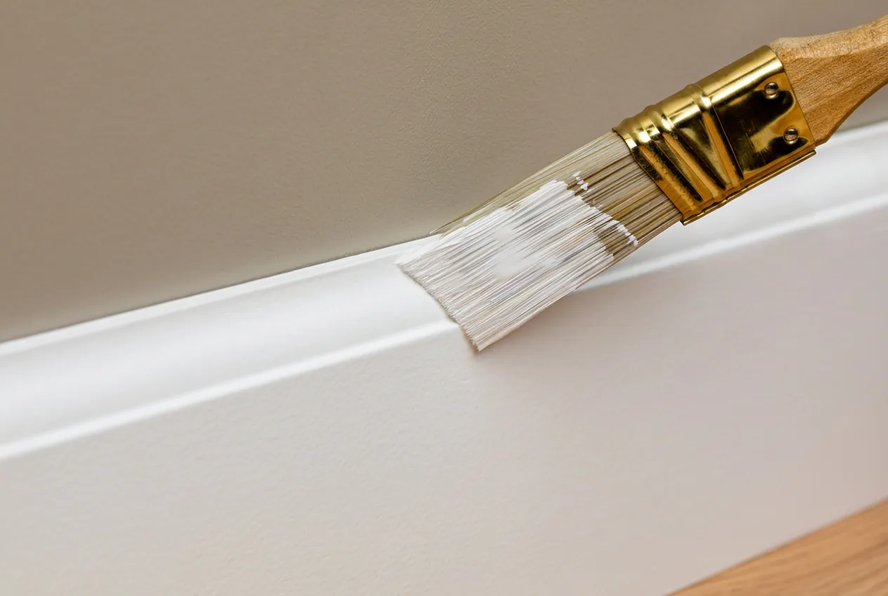 A paintbrush working along detailed trim