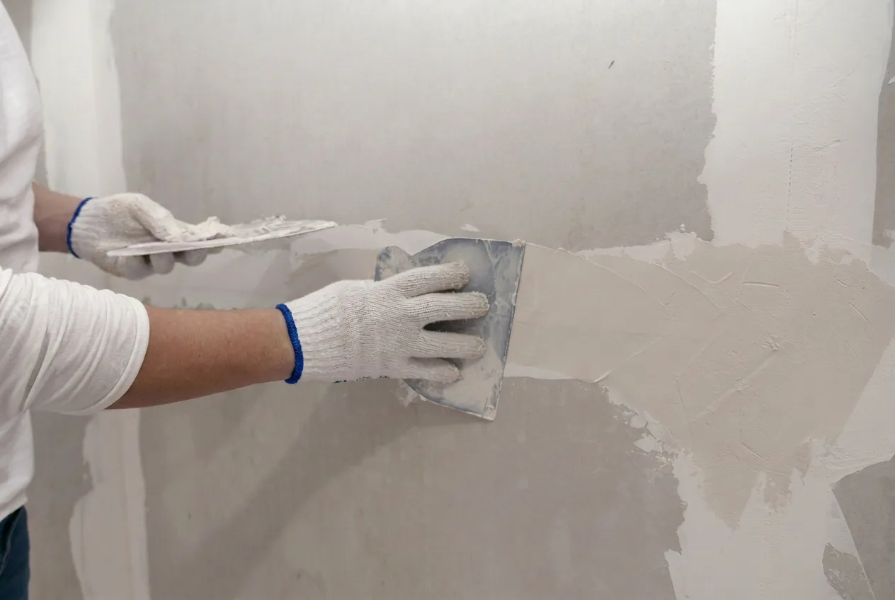 A worker smoothing plaster across a wall