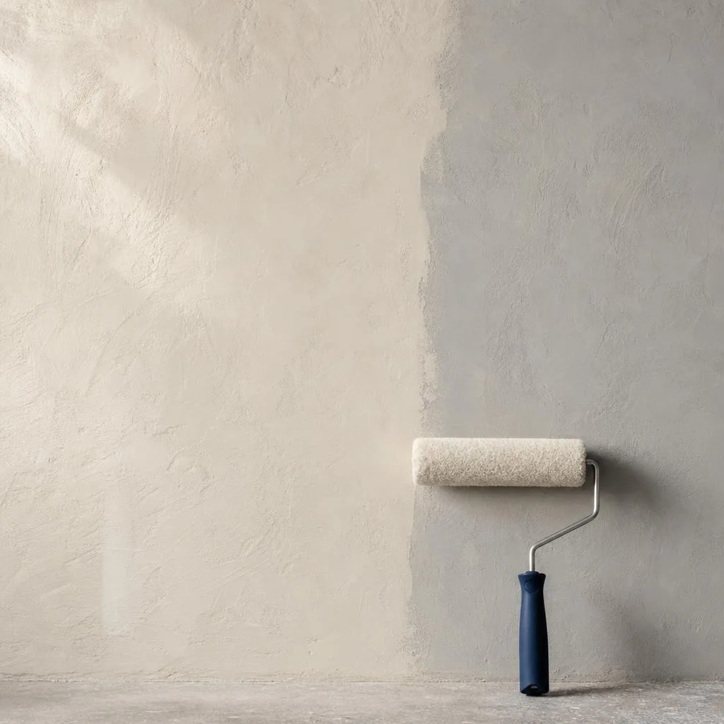 Paint roller beside a freshly prepared wall